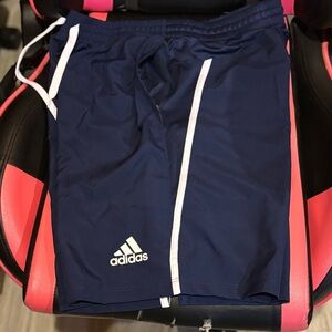 Adidas Men's Dark Blue Athletic Shorts with White Stripes